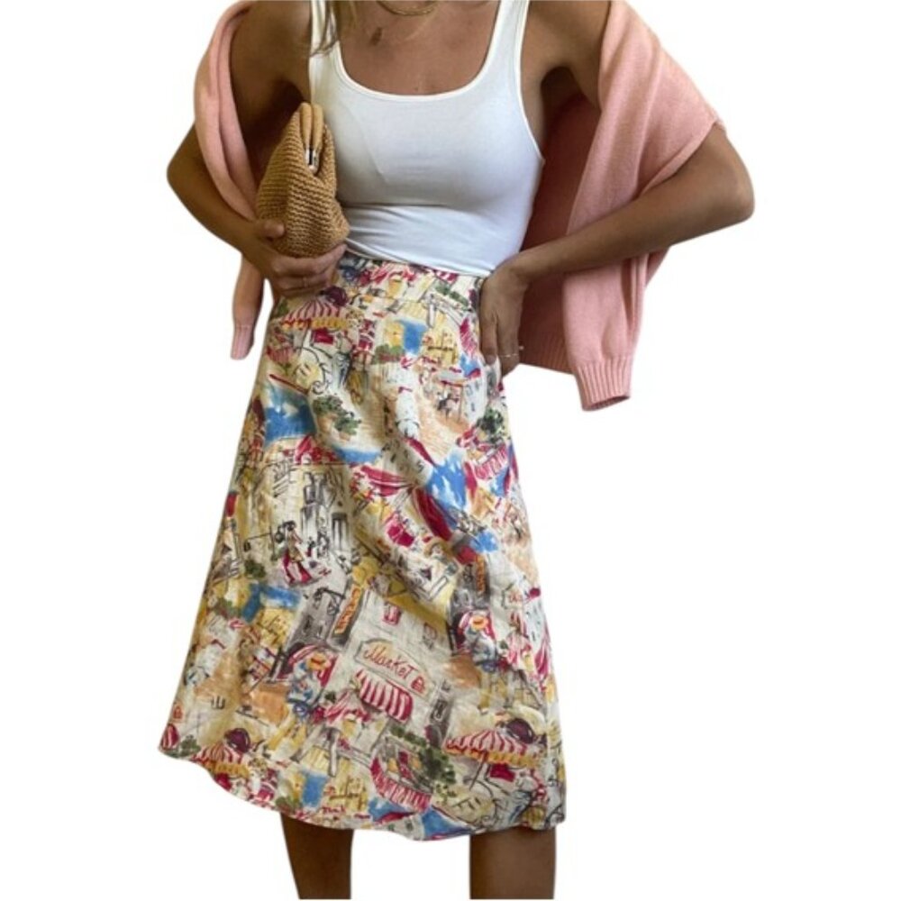 Vintage Liz Claiborne Linen A-Line Midi Skirt French Market Print Size 10